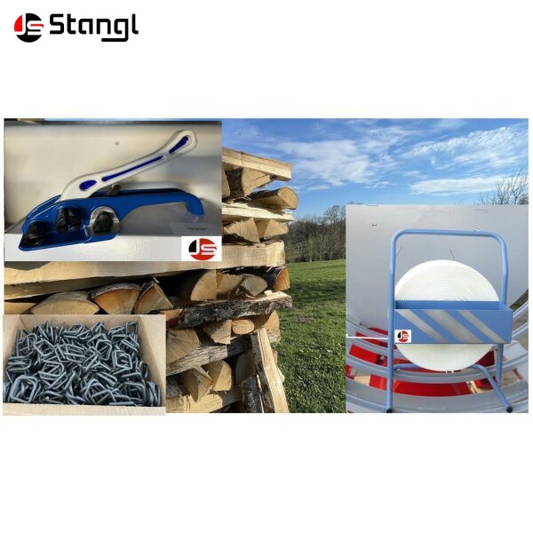 UMREIFUNGSSET – BÜNDELSET 25 MM HD TEXTILBAND + SPANNER + ABROLLER + KLAMMERN – HOCHFEST FÜR HOLZBÜNDEL