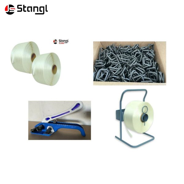 UMREIFUNGSSET – BÜNDELSET 2X 25 MM HD TEXTILBAND + SPANNER + ABROLLER + KLAMMERN – HOCHFEST FÜR HOLZBÜNDEL